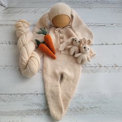 Cream Bunny bonnet toy romper wrap. Newborn photo props