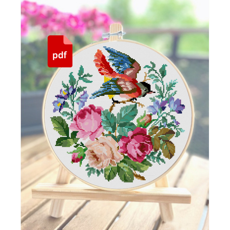 Antique Bird On A Branch In Flowers Vintage Cross Stitch Scheme 0