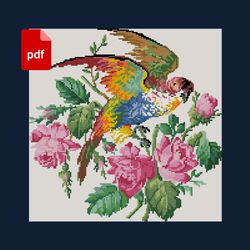 reconstructed vintage bird parrot in roses cross stitch scheme