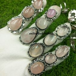 10 Pcs Designer Rose Quartz Gemstone Silver Plated Ring, Wholesale Ring For Luck, Handmade Rings Lot For Unisex