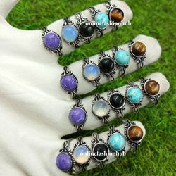 10 Pcs Charoite & Mix Gemstone Silver Plated Ring, Best Offer Ring For Gift , Handmade Casting Rings Lot For Birthday