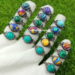 10 Pcs Turquoise & Mix Gemstone Silver Plated Ring, Best Offer Ring For Gift , Handmade Casting Rings Lot For Birthday