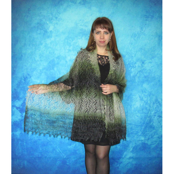 Hand knit green downy scarf, Handmade Russian Orenburg shawl, Goat wool cover up, Lace pashmina, Kerchief, Stole, Tippet, Warm wrap, Cape, Gift for a woman 4.JP