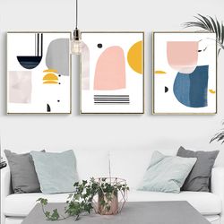 Abstract Pictures, Set of 3 Posters, Printable Artwork, Large Prints, Pink And Blue Wall Art, Scandinavian Modern