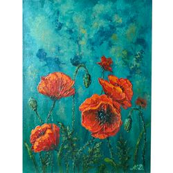 Red Poppy Oil Painting Floral Original Art Impasto Painting Flowers Wall Art by NataDuArt