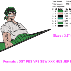 zoro one piece swoosh embroidery design