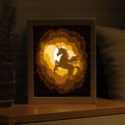 Unicorn On The Cloud 3D Shadow Box Template, Unicorn Light Box SVG File
