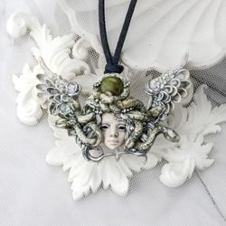 Ancient Greek Medusa Gorgon Handmade pendant with lapis lazuli stone
