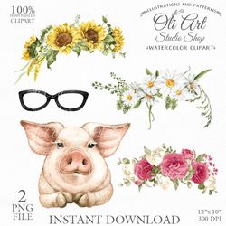 Pig with Flower Crowns. Clip Art PNG. Hand Drawn Graphics, Instant Download. Digital Download. OliArtStudioShop