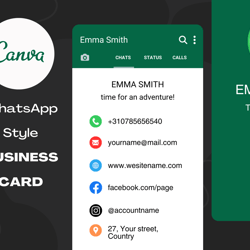 business card whatsapp template, whatsapp themed business card, whatsapp style green business card, editable in canva