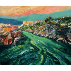Italy Painting Seaside Original Art Impressionist Art Impasto Painting Ocean Oil Painting Sunset Painting 24"x28"
