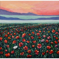 poppy field painting landscape original art impressionist art impasto painting red poppies painting 24"x24" by ksenia de