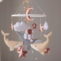 Astronaut and whale pink gold . Nursery decor girl. Baby shower gift.