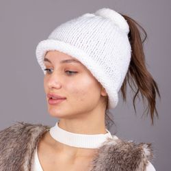Ponytail hat. Dreadlock hat. Merino wool, cashmere. White color
