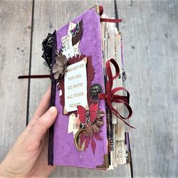Dark garden junk journal handmade Purple flowers junk journal for sale Thick completed journal 8 by 4 in.