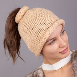 Ponytail hat. Dreadlock hat. Merino wool, cashmere. Beige color