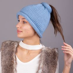 Ponytail hat. Dreadlock hat. Merino wool, cashmere. Blue color
