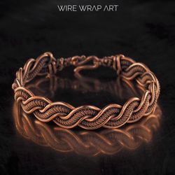 Unique copper wire wrapped bracelet for him or her Unisex statement bangle Handmade woven wire jewelry by Wire Wrap Art