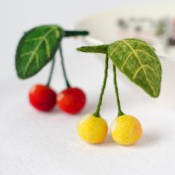 handmade felted red cherries brooch - original jewelry gift for teacher - unique wool jewelry