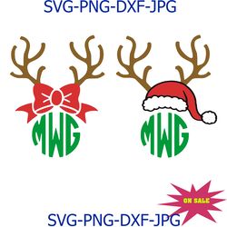 christmas reindeer antlers bow santa hat monogram cutting file svg, dxf, cricut design space cameo silhouette studio