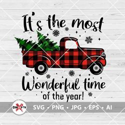 it's the most wonderful time of the year, buffalo plaid truck svg, plaid christmas truck svg, plaid christmas tree svg