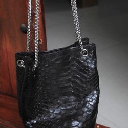 Genuine python skin bucket  balck chain bag /designer women purse / summer soft bag / exotic leather bags