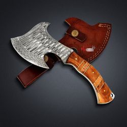 handmade axe, axe, custom handmade damascus steel hunting axe with leather sheath hand forged knife gift axe mk3766m