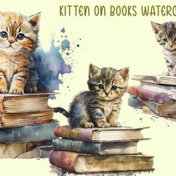 kitten on books watercolor, animal png