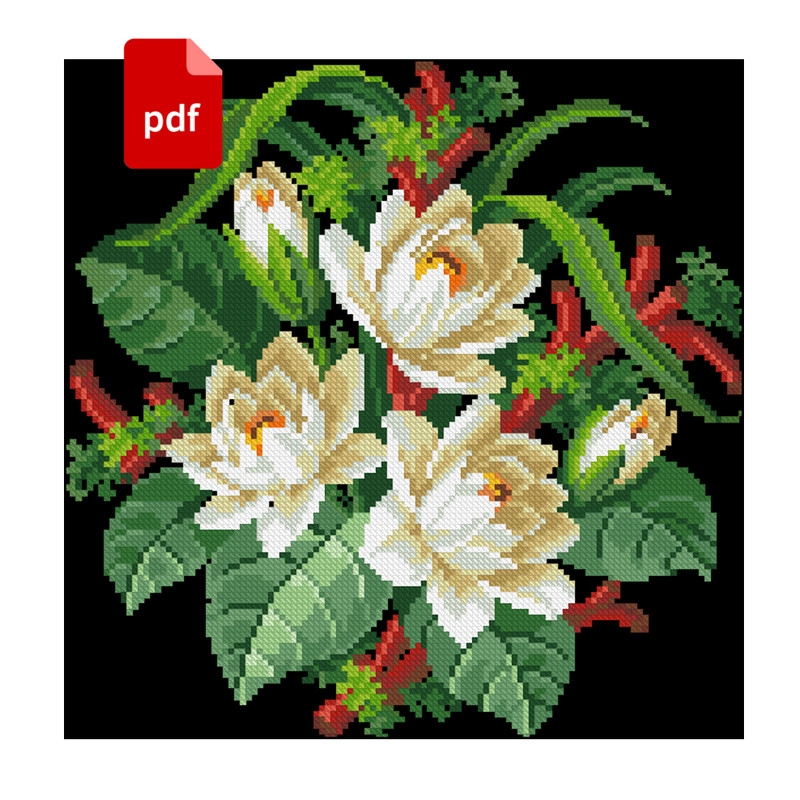 Vintage Lilies Bouquet Reconstructed Cross Stitch Scheme 0