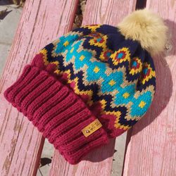 Bright knitted winter woolen pompom hat