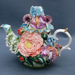 beautiful art teapot flower figurine irises peonies, lilies of the valley handmade ceramic teapot hand painted