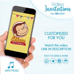 animated curious george video invitation, personalized curious george party invite