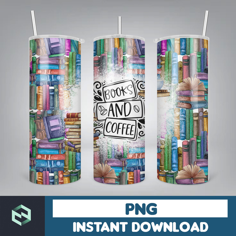 Books and Coffee Tumbler Wrap PNG, 20oz Skinny Tumbler Sublimation Designs.jpg