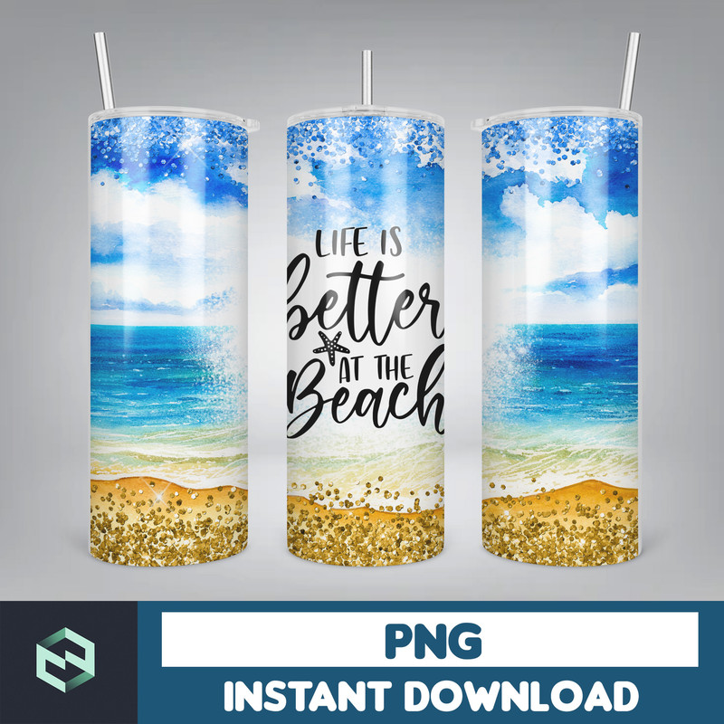 SUMMER THEMED Tumbler, Summer 20 oz skinny tumbler sublimation design Ocean beach sunset Glitter Palm PNG design (6).jpg