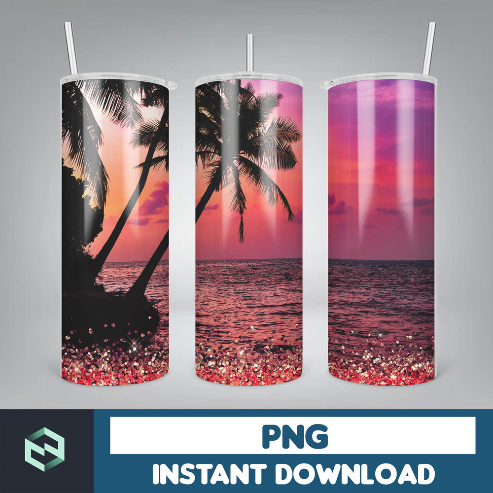 SUMMER THEMED Tumbler, Summer 20 oz skinny tumbler sublimation design Ocean beach sunset Glitter Palm PNG design (10).jpg