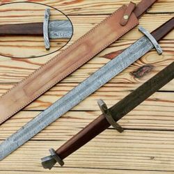 handmade damascus steel medieval sword, viking longsword with rose wood handle