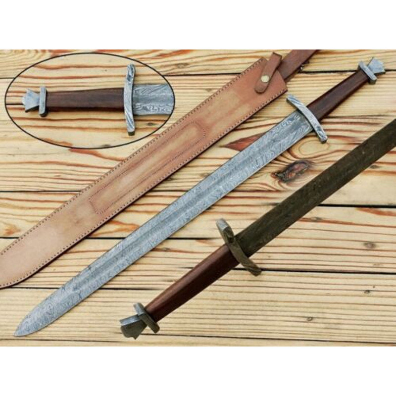 HandmadeDamascusSteelMedievalSwordVikingLongswordwithRoseWoodHandleMothersDayGiftMothe