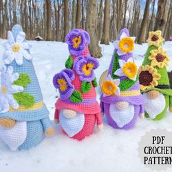 flower gnomes, gnome pansies, narcissus, sunflower and chamomile pattern, gnome pattern with flowers, set 4 in 1