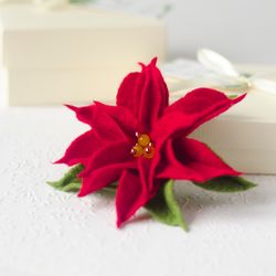 Christmas Poinsettia Brooch Pin - Unique Xmas Jewelry - Felted Large Red Flower Broach
