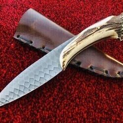 DAMASCUS HUNTING KNIFE STAG ANTLER HANDLE BOWIE KNIFE HANDMADE KNIFE WITH SHEATH