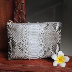 Genuine python skin grey cosmetic bag/ Purse Insert Organizer/Bag Insert For Tote Bag/ exotic leather wallet / small sna