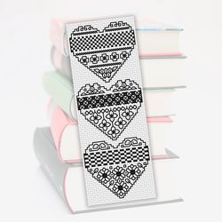 Cross stitch bookmark pattern Hearts, Blackwork embroidery pattern, Monochrome bookmark cross stitch digital pattern