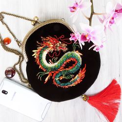Chinese Dragon Bead Embroidery Velvet Mini Bag for Phone