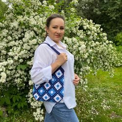 Blue Crochet market bag,white boho women bag-shopper ,handmade hippie bag crochet, mothers day crochet gift bag