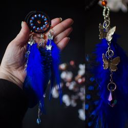 Blue Dream Catcher Butterfly Car Charm - Small Blue Dreamcatcher for Rear View Mirror - Fairy Gift for Romantic Girls