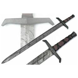 37 Inch Handmade Professional Damascus Steel Fixed Sharp Blade Hunting Warrior Sword with Metal Handle