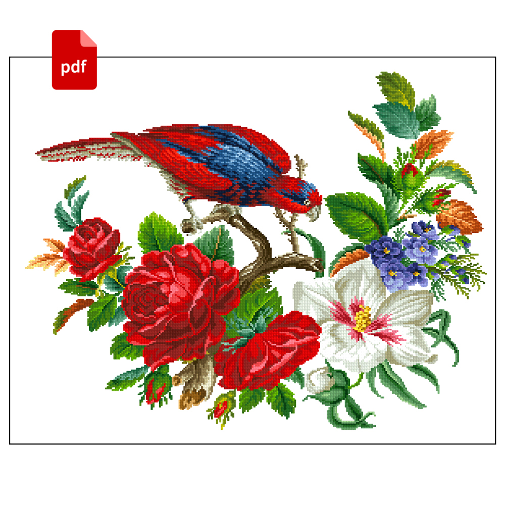 Antique Parrot in flowers vintage cross stitch scheme.jpg