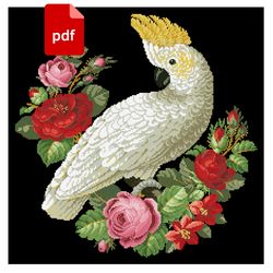 vintage white cockatoo parrot in flowers cross stitch pattern instant download pdf