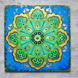 Mandala on wood Green original painting Healing wall art Meditation Spiritual Sacred geometry Yoga Gift Vegan decor