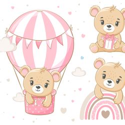 A cute teddy bear girl is flying in a balloon. EPS, JPG, PNG 300 DPI